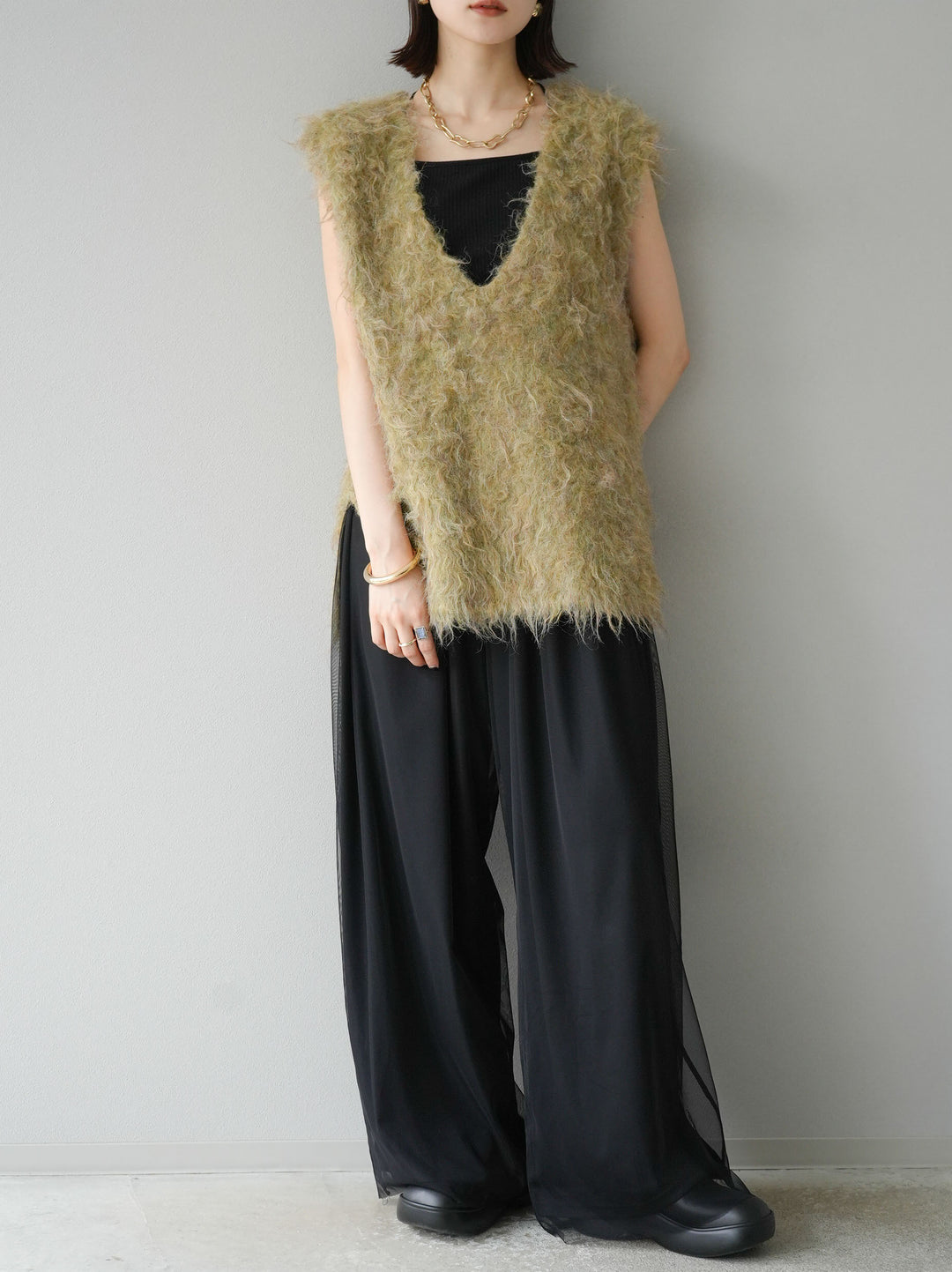 [予約]ウール混ミックスヤーンニットベスト/グリーン