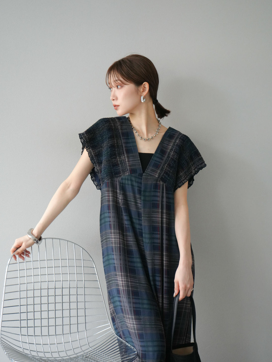 [套裝] 透視格紋褶皺背帶褲 + 配件套裝（2 套）