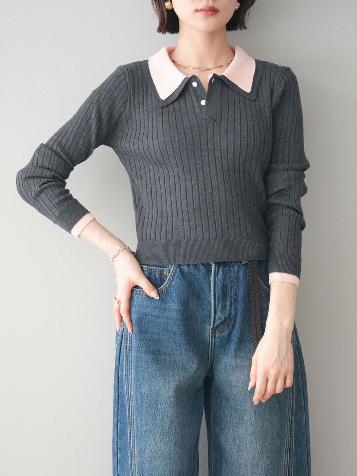 [予約]ダブル襟ポロリブニットトップス/charcoalgray
