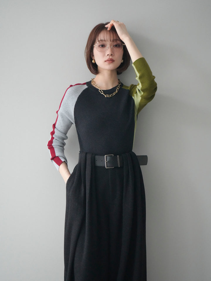 [SET]バイカラーラグランニットトップス+ベルトデザインループウールワイドパンツ(ベルト付)(2set)
