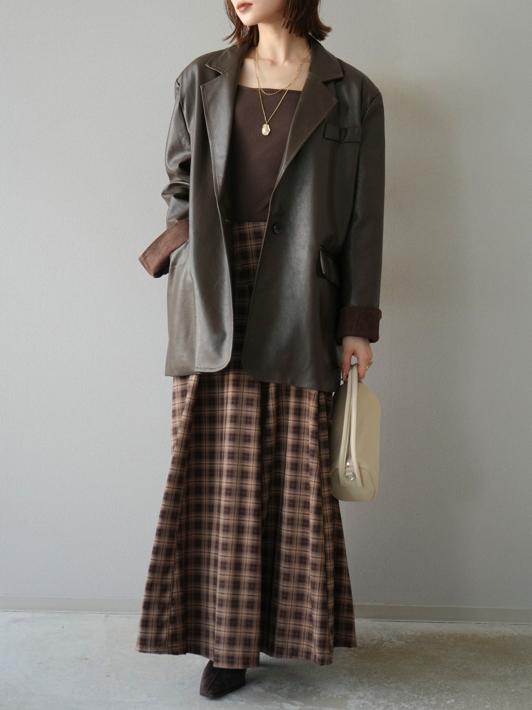 [予約]チェックタックフレアロングスカート/ ブラウン