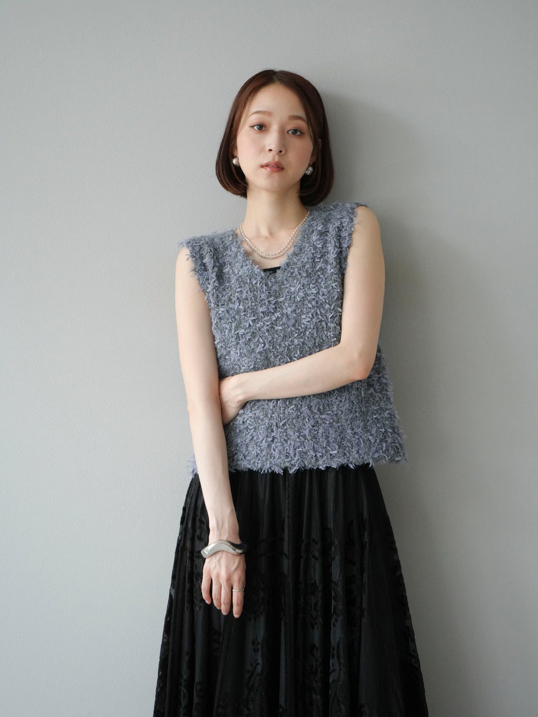 [SET]テープヤーンフリンジニットベスト+アンティーク柄フロッキーマキシスカート(2set)