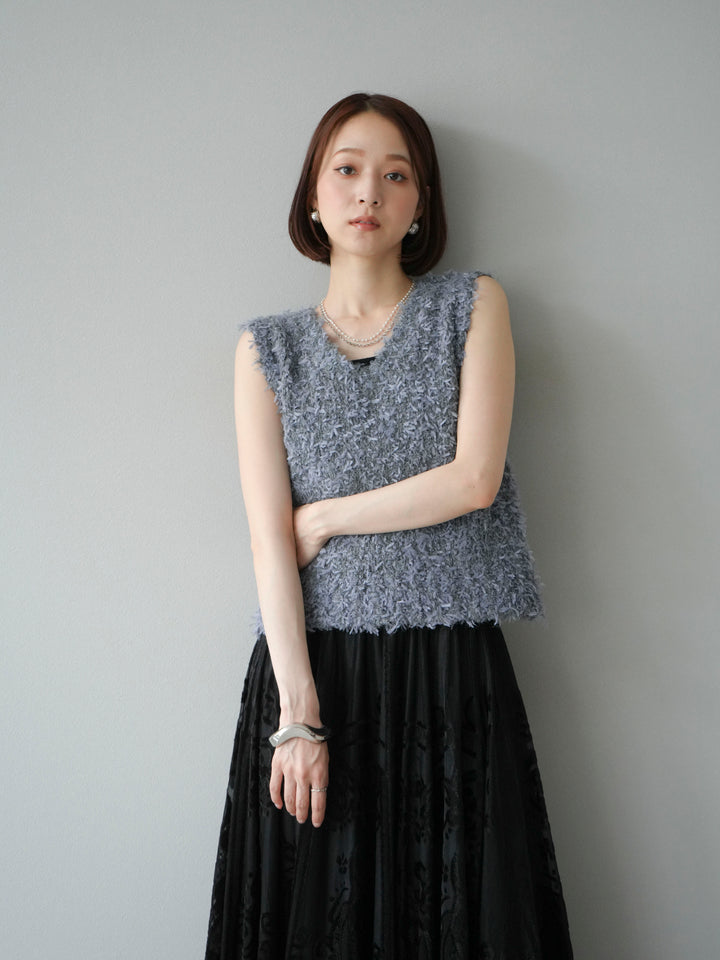 [SET]テープヤーンフリンジニットベスト+アンティーク柄フロッキーマキシスカート(2set)