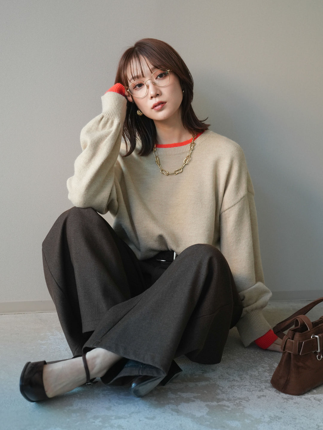 [予約]ヘンリーネック配色レイヤードニットプルオーバー/beige