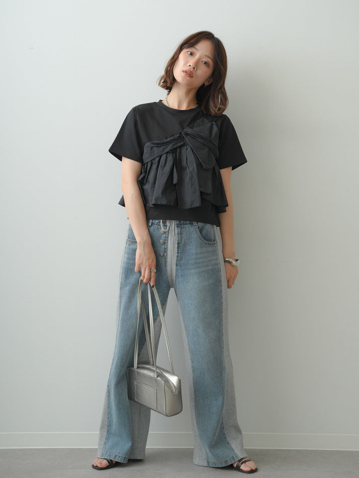 [SET]ナイロンドッキングツイストTEE +デニム切替スウェットパンツ(2set)