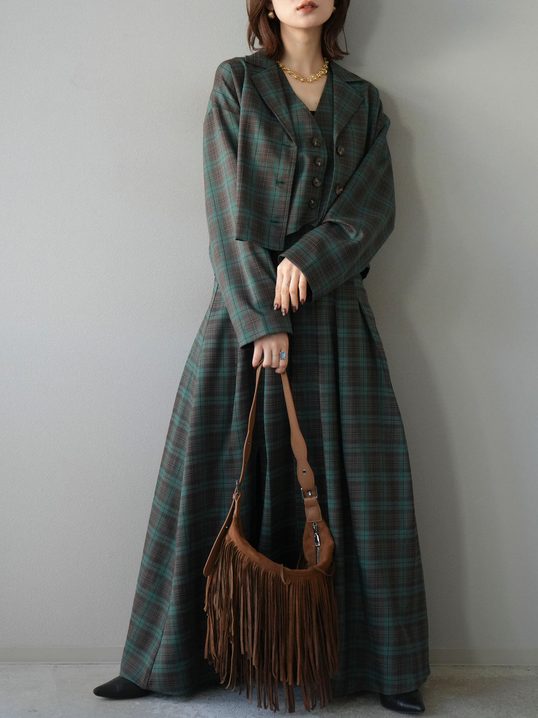 [SET]チェック柄ショートジャケット+チェック柄ベスト+チェック柄タックフレアスカート(3set)