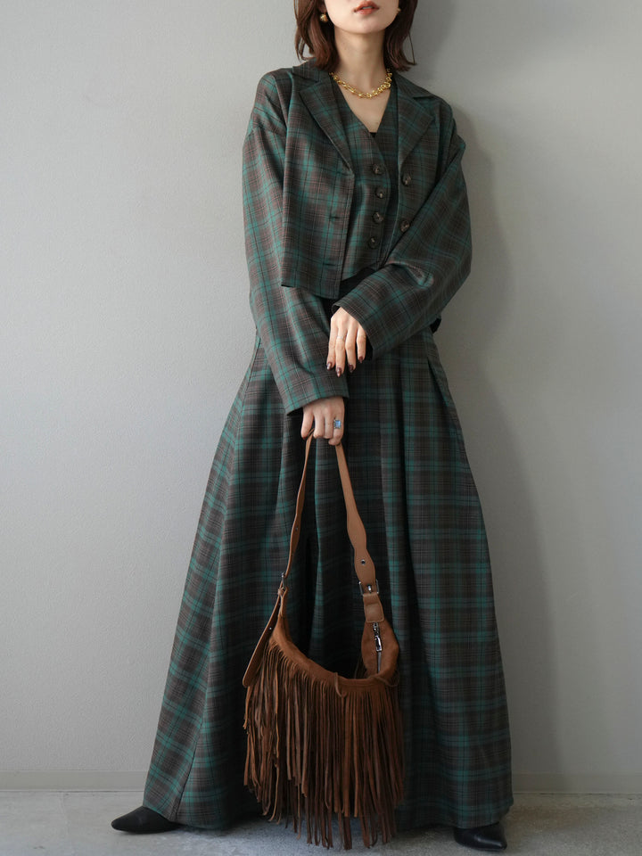 [SET]チェック柄ショートジャケット+チェック柄ベスト+チェック柄タックフレアスカート(3set)