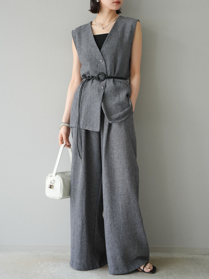 [SET]ベルト付リネンタッチベスト＆ワイドパンツSET UP(2set)