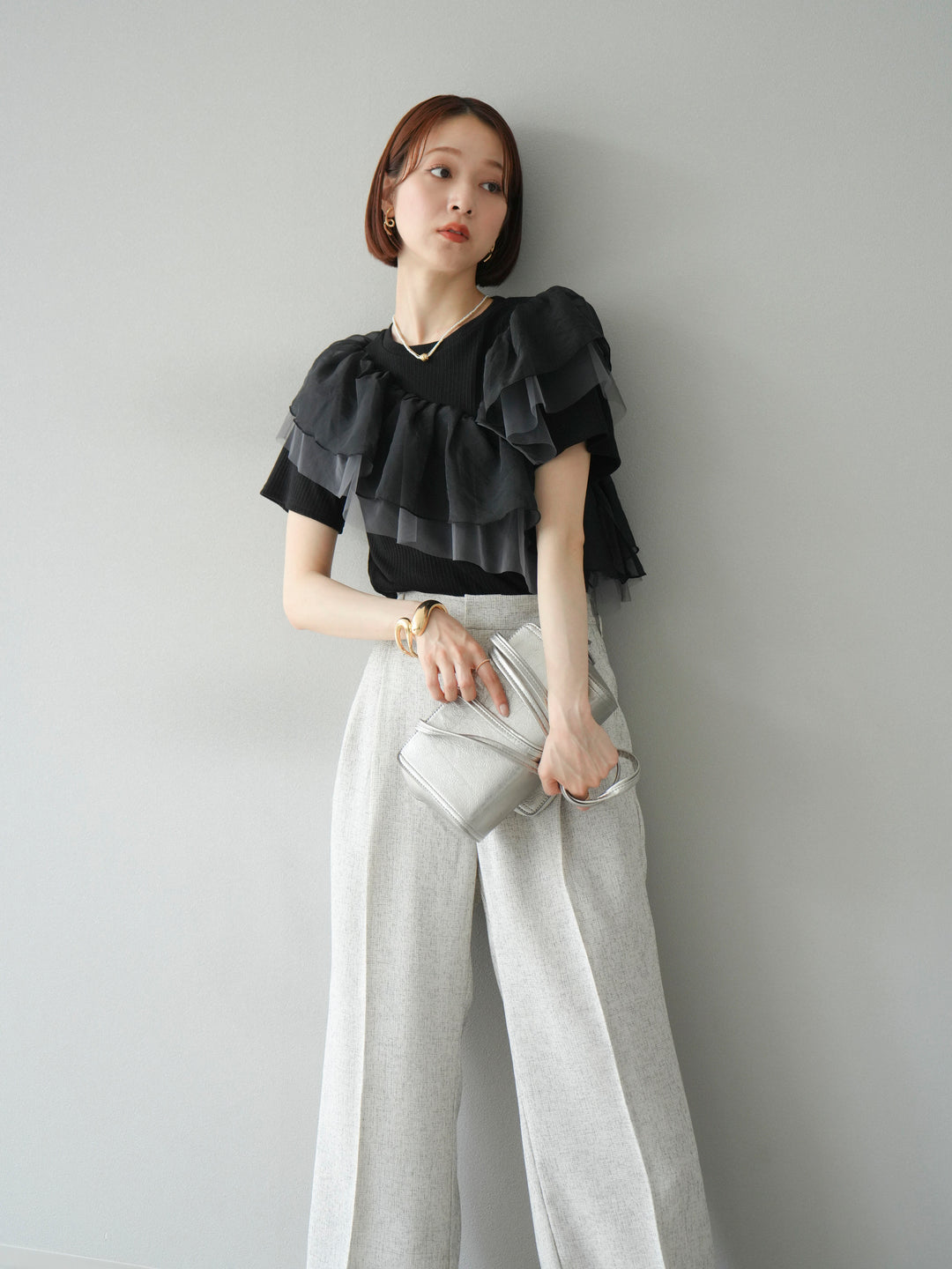 [予約]アシメフリルドッキングカットソー/ブラック
