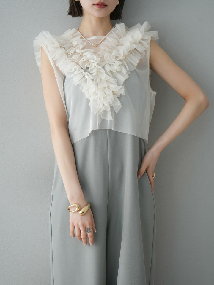 [預訂] 薄紗荷葉邊背心 x 連身套裝/灰色