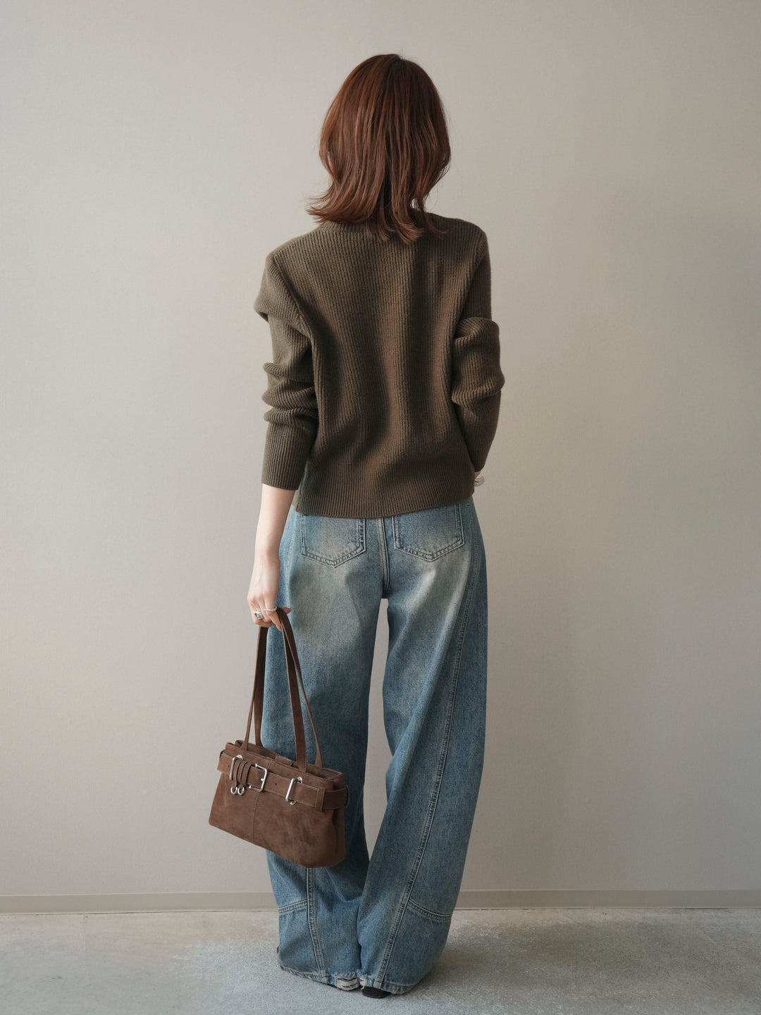 [SET]シルバーボタン畦編みニットカーディガン+ベルト付カーブデニムパンツ(2set)