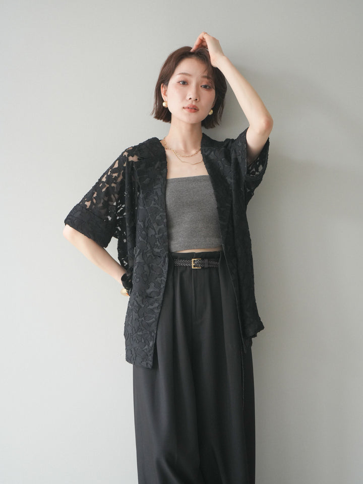 【套裝】花朵蕾絲短袖外套+垂褶收腰帶環長褲（兩件套）