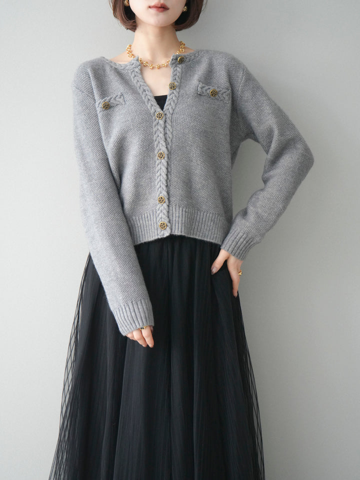 [SET]編みこみアンティークボタンニットカーディガン+チュールストライプボリュームスカート(2set)