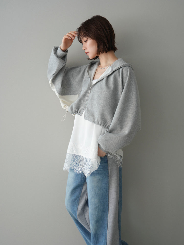 [予約]バイカラー異素材ライトポンチクロップドZIPフーディー/gray