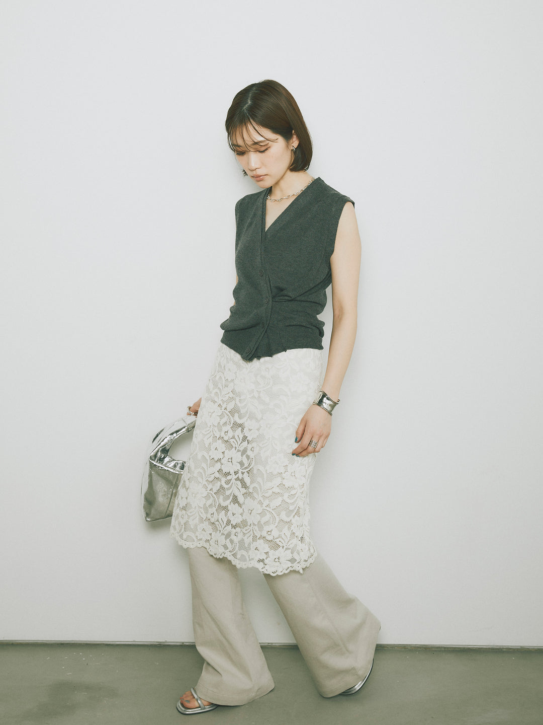 [SET]2WAYデザインニットベスト+レイヤードスカートセットフレアパンツ(2set)