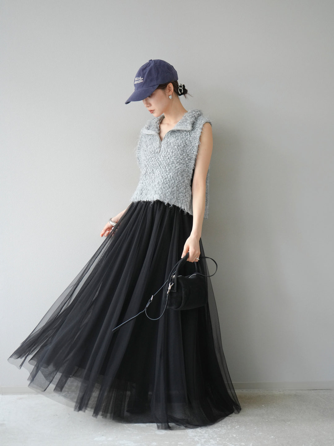 [予約]メランジブークレハーフジップニットベスト/モクグレー