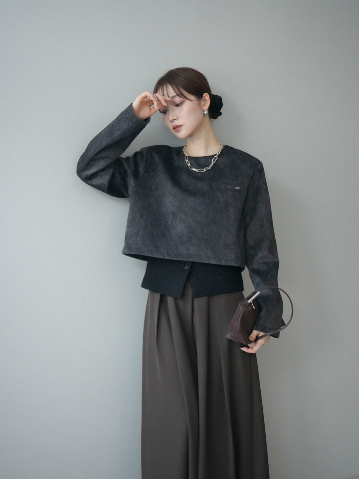 [予約]リブニットレイヤードスエードプルオーバー/charcoal
