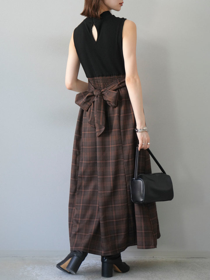 [予約]テレコ×チェックドッキングノースリワンピース/ブラック×ブラウン