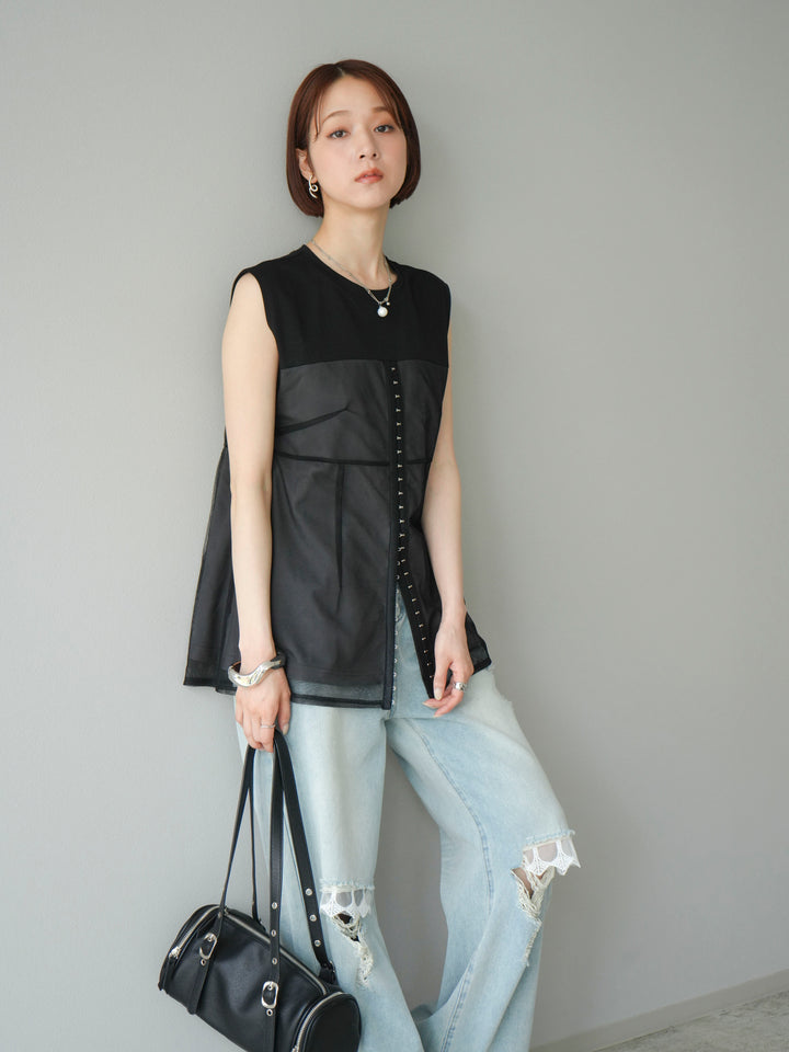 [預購] 薄紗對接鉤設計剪裁套頭衫/黑色