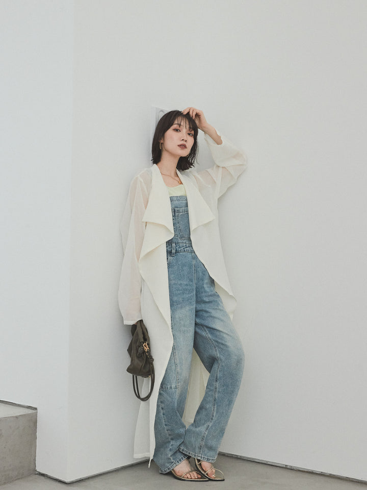 [SET] 中縫牛仔背帶褲 + 透視長版外套（2 件組）