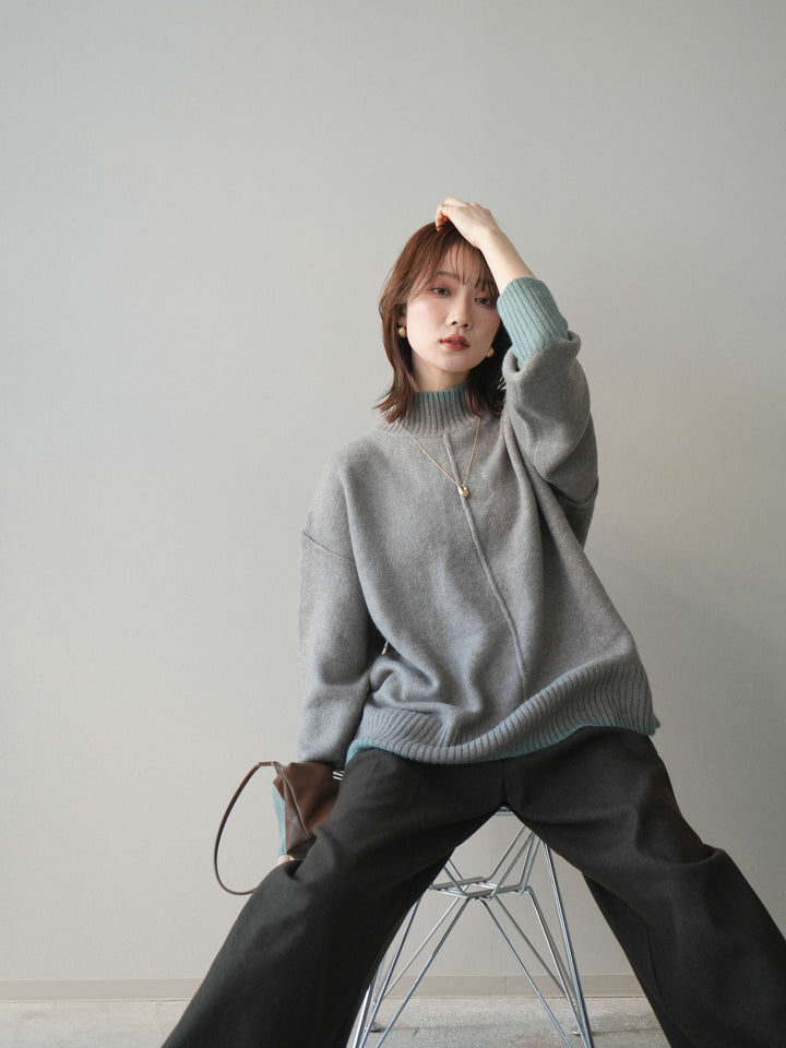 [SET]配色ハイネックニットプルオーバー+アニマル柄ベルト付きウールタッチワイドパンツ(2set)