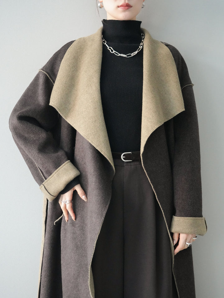 [予約]ダブルフェイスバイカラーロングコート/khaki