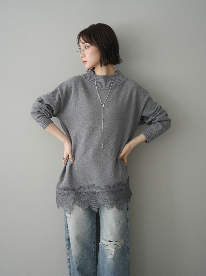 [SET]アシンメトリーレースヘムニットプルオーバー+ダメージデニムセミワイドパンツ(2set)