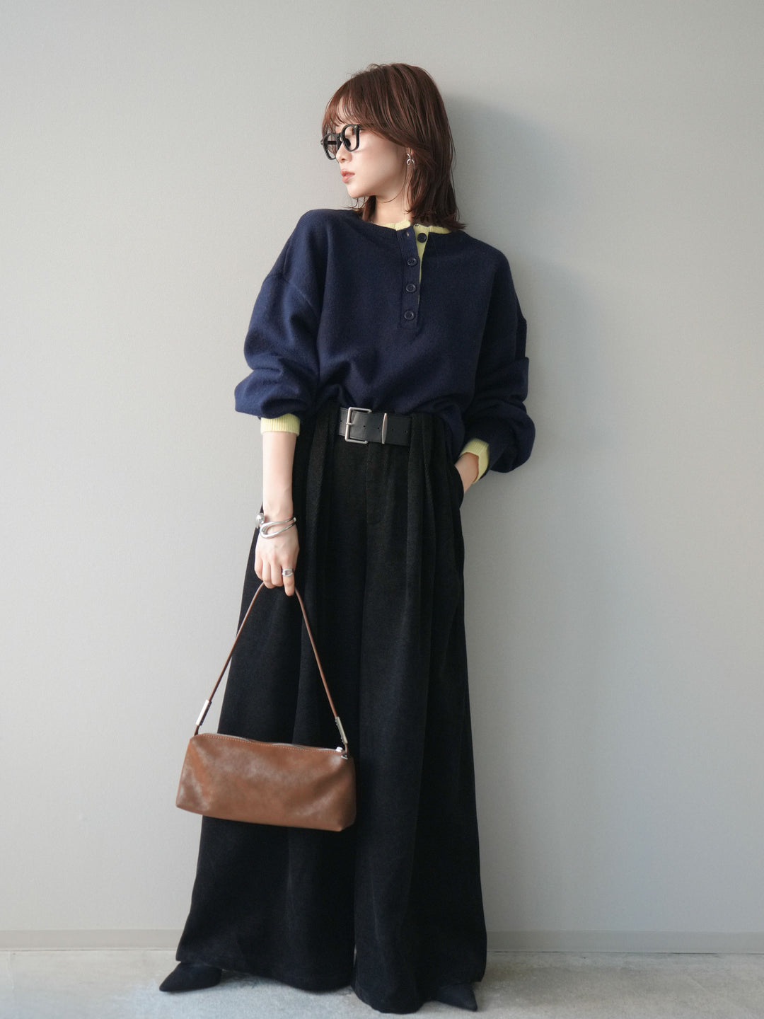 [予約]ベルトデザインループコールテンワイドパンツ(ベルト付き)/black