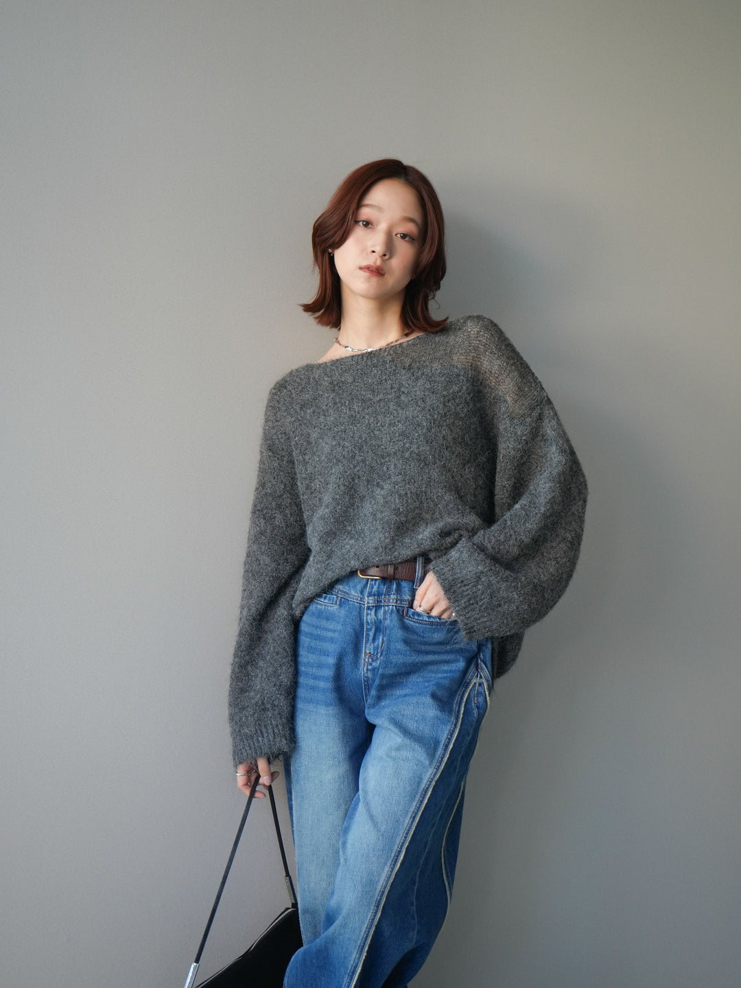 [SET]透かしデザインニットプルオーバー+サイドフリンジワイドデニムパンツ(2set)