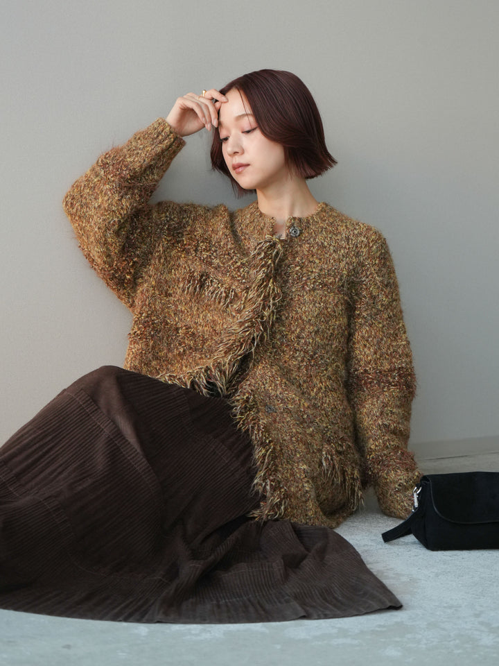 [SET]ミックスヤーンフリンジデザインニットジャケット+型押しスエードティアードプリーツスカート(2set)