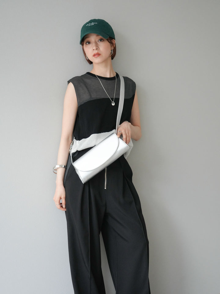 [SET]バイカラーシアーニットノースリーブ+ジップタックワイドパンツ(2set)