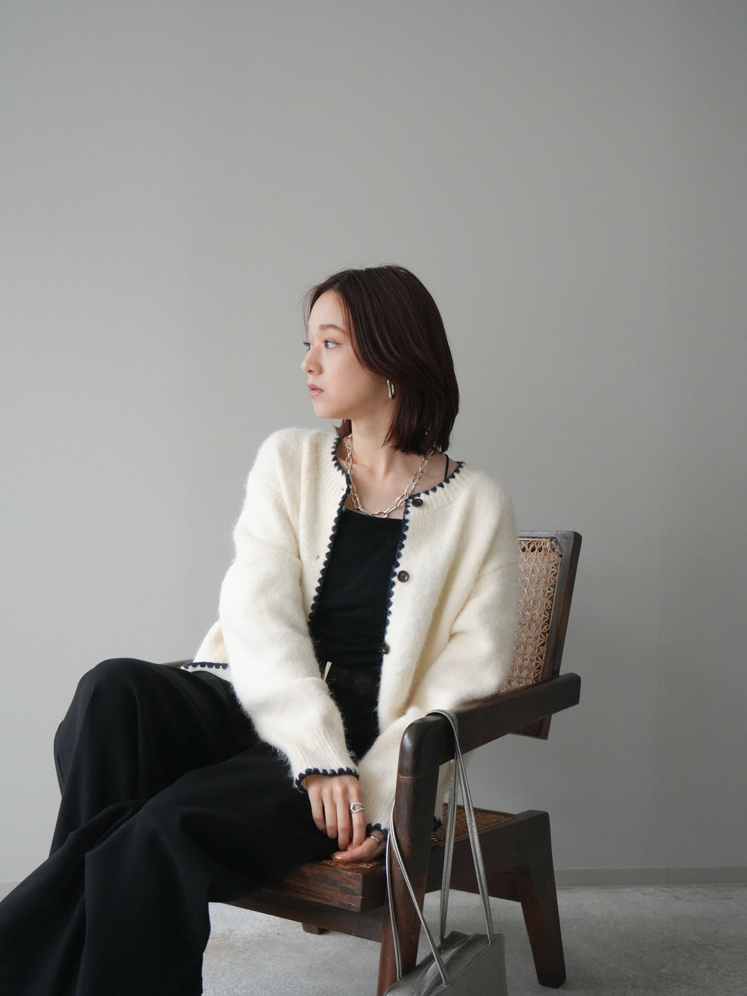 [SET]三角ステッチニットカーディガン+アニマル柄ベルト付きウールタッチワイドパンツ(2set)