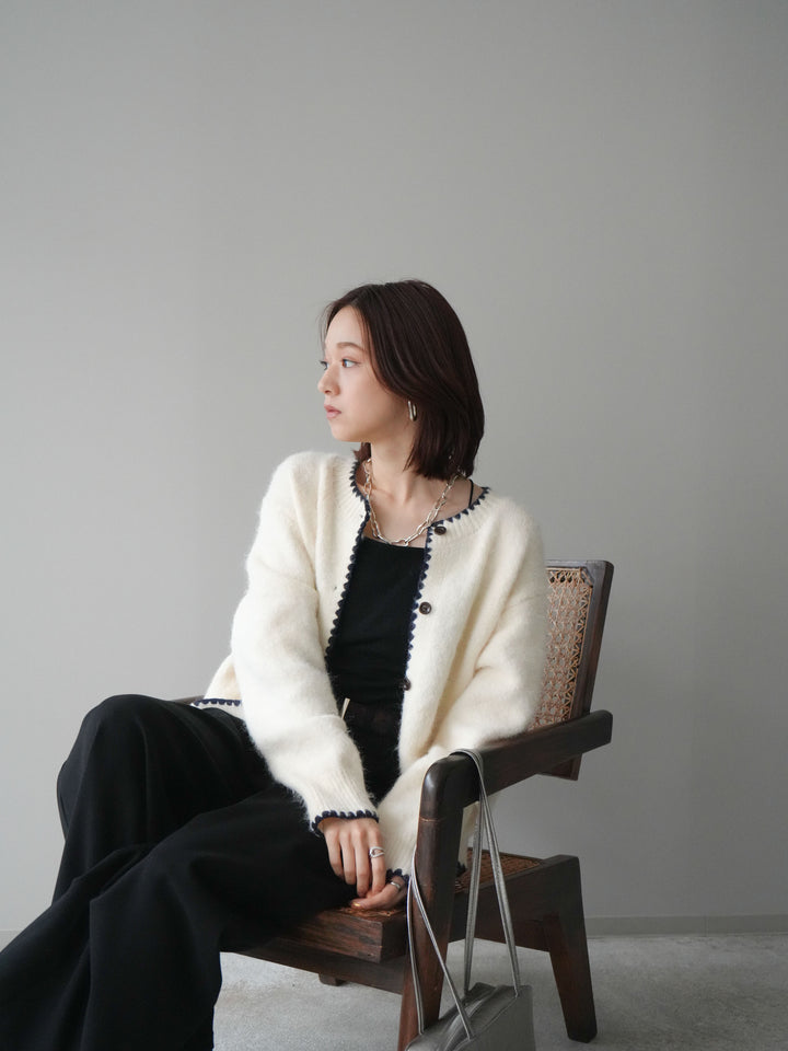 [SET]三角ステッチニットカーディガン+アニマル柄ベルト付きウールタッチワイドパンツ(2set)