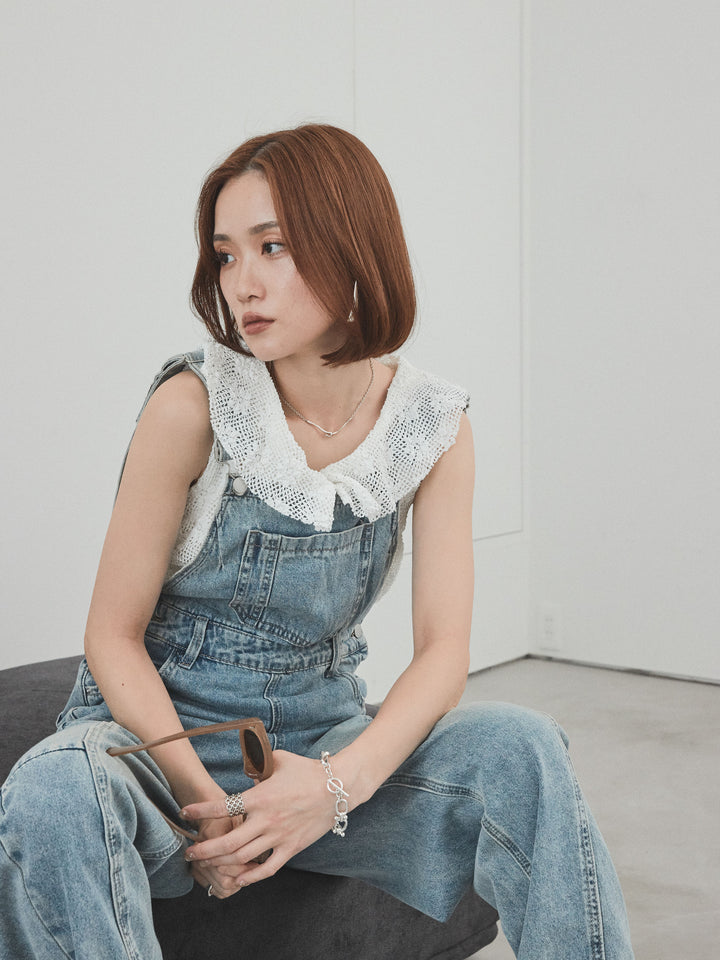 [SET]センターシームデニムサロペット +テープヤーンラッフルノースリトップス(2set)