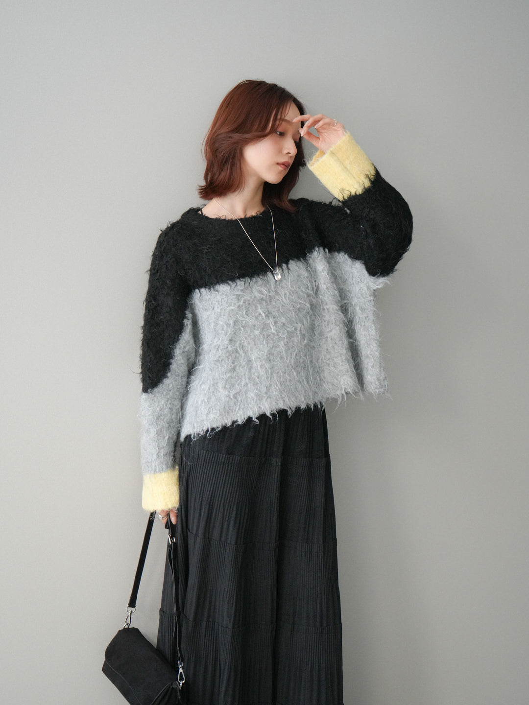 [SET]バイカラーモヘアタッチニットプルオーバー+型押しスエードティアードプリーツスカート(2set)