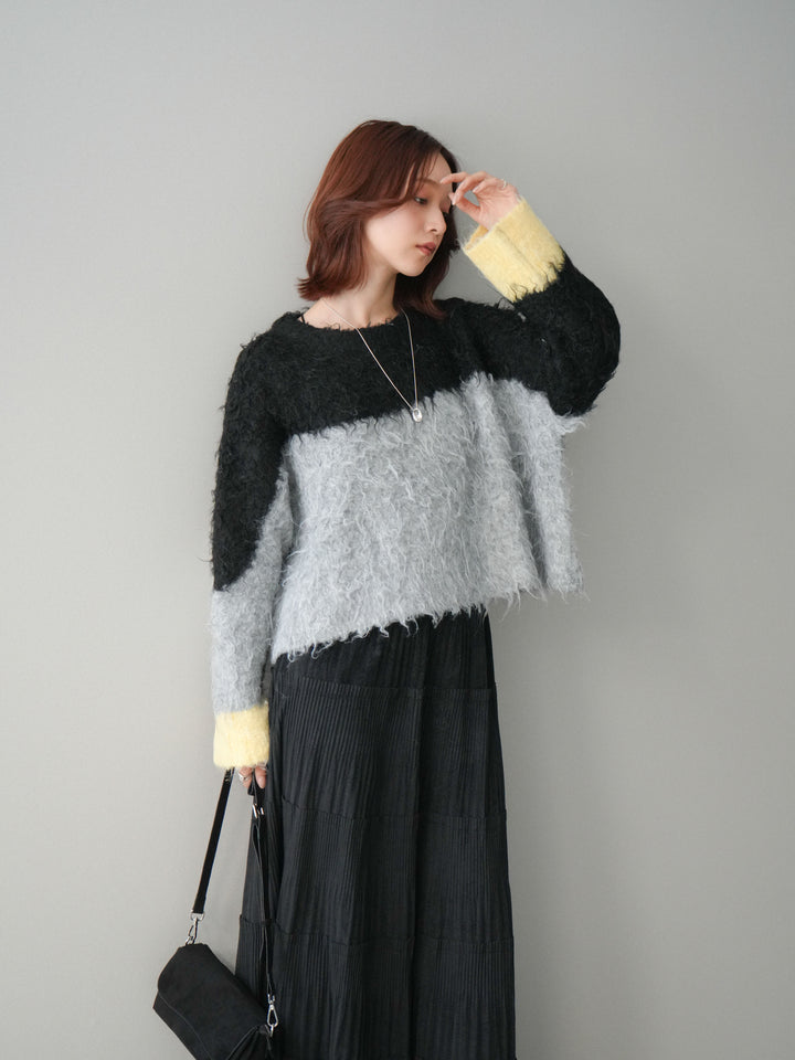 [SET]バイカラーモヘアタッチニットプルオーバー+型押しスエードティアードプリーツスカート(2set)