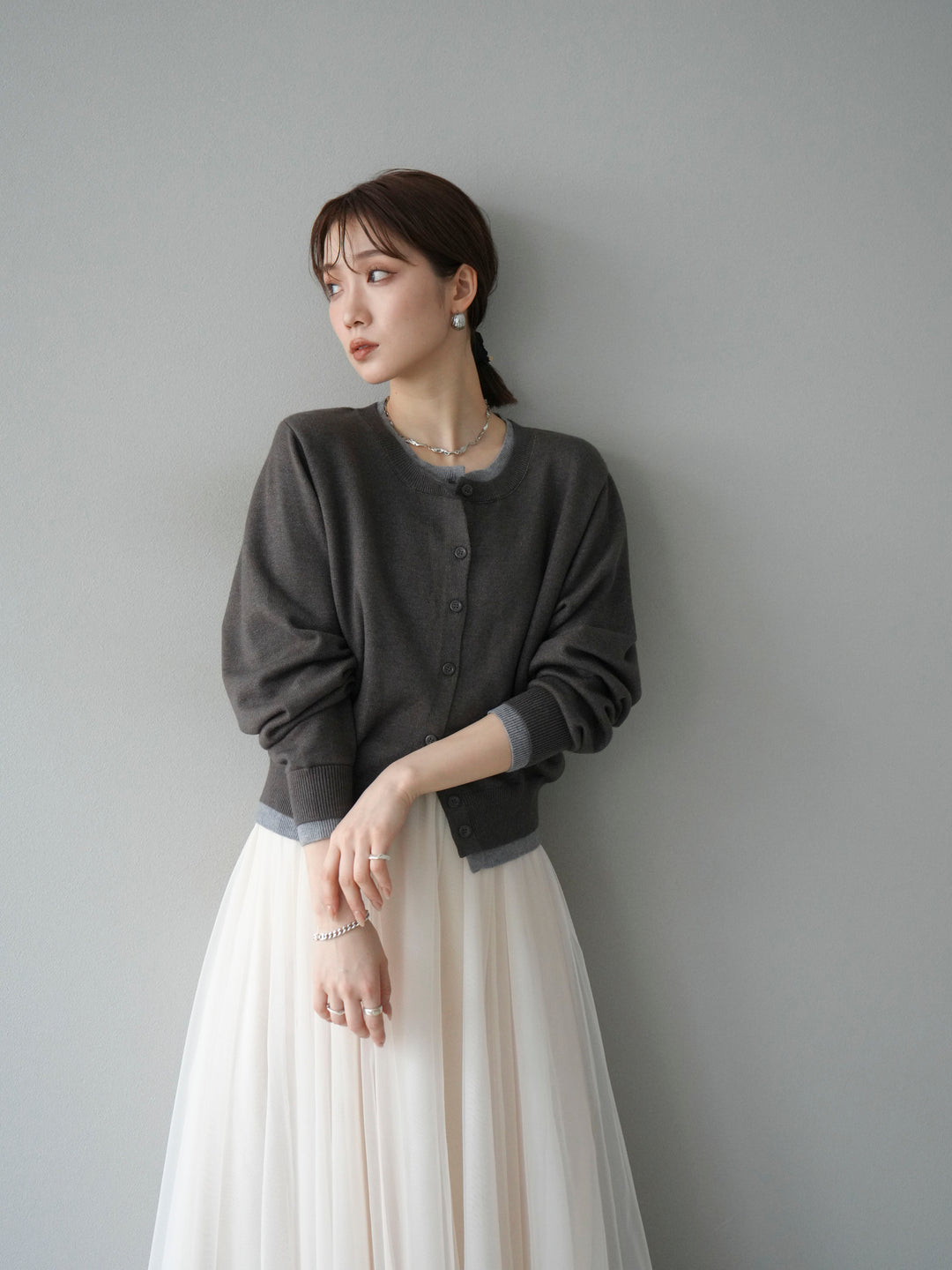 [SET]配色レイヤードカーディガン+チュールボリュームスカート(2set)