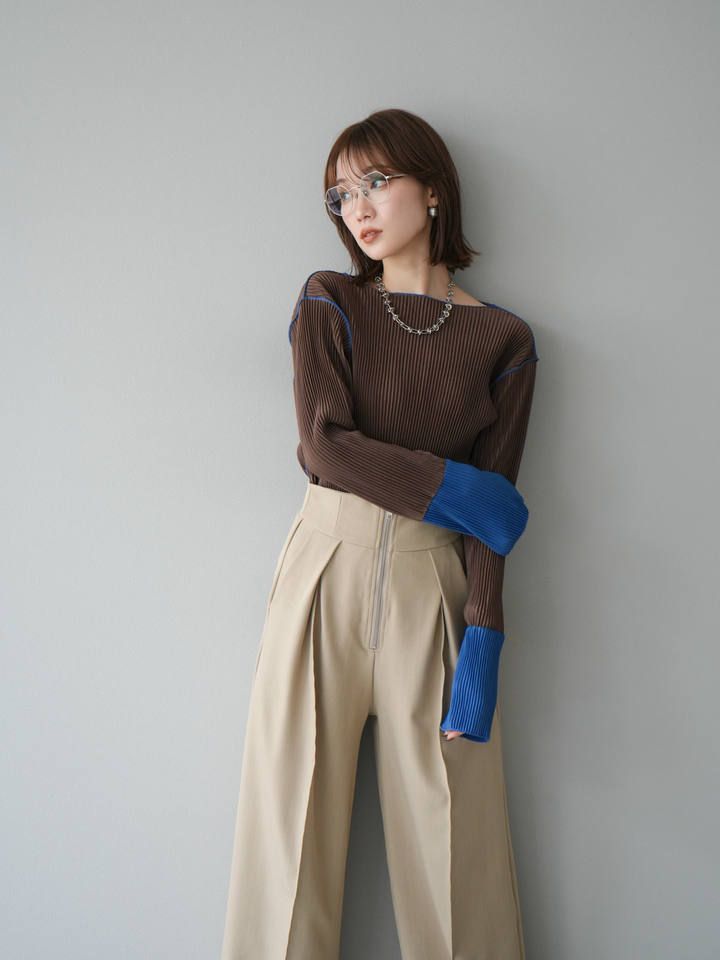 [予約]バイカラープリーツトップス/ブラウン