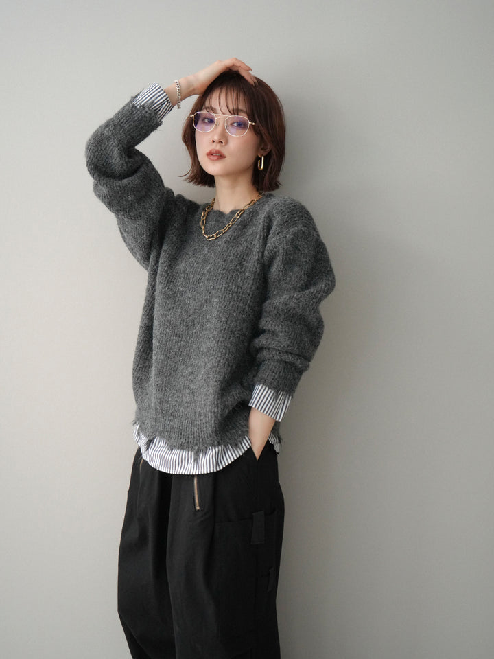 [予約]裾シャツレイヤードダメージニットプルオーバー/darkgrey