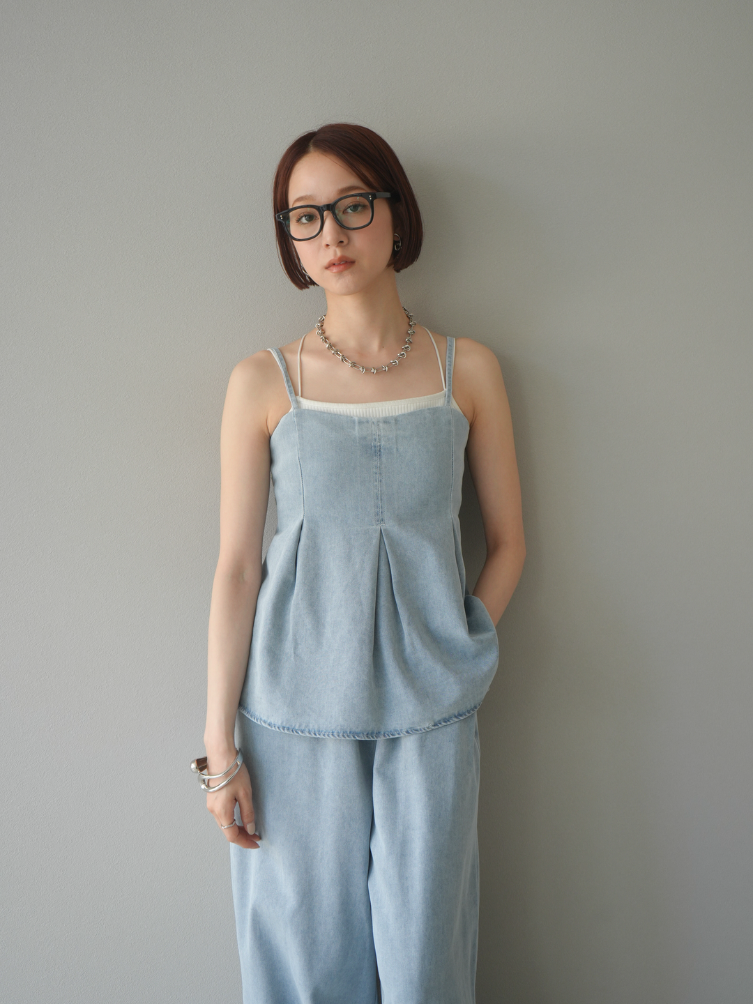 [SET]デニムタックフレアキャミソール＆イージーワイドパンツSET UP(2set)