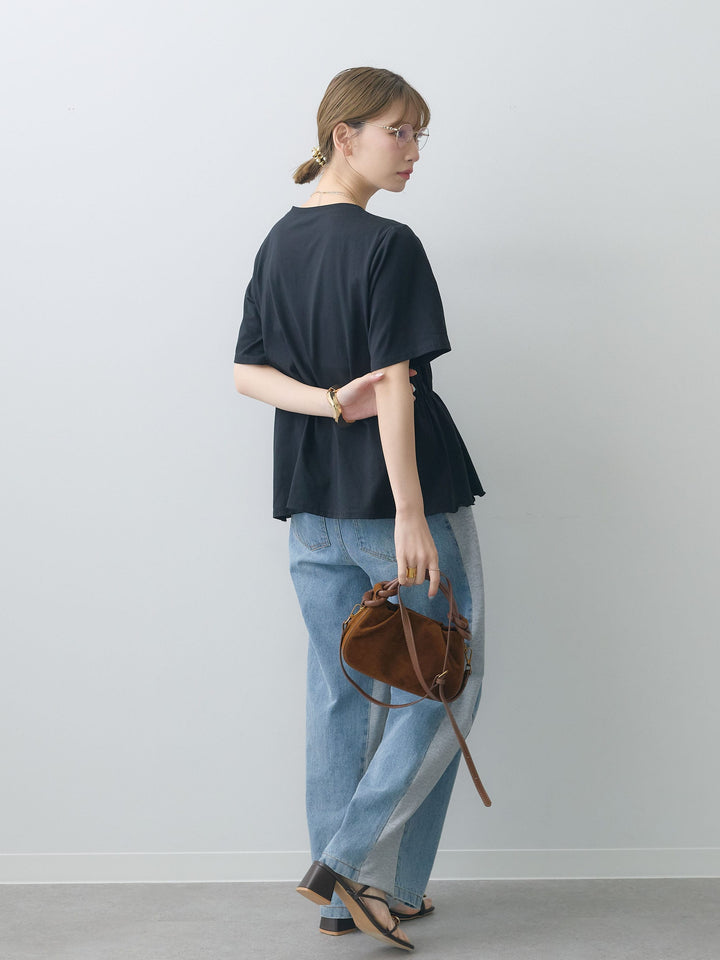 [SET]クールタッチシャーリングTEE+デニム切替スウェットパンツ(2set)