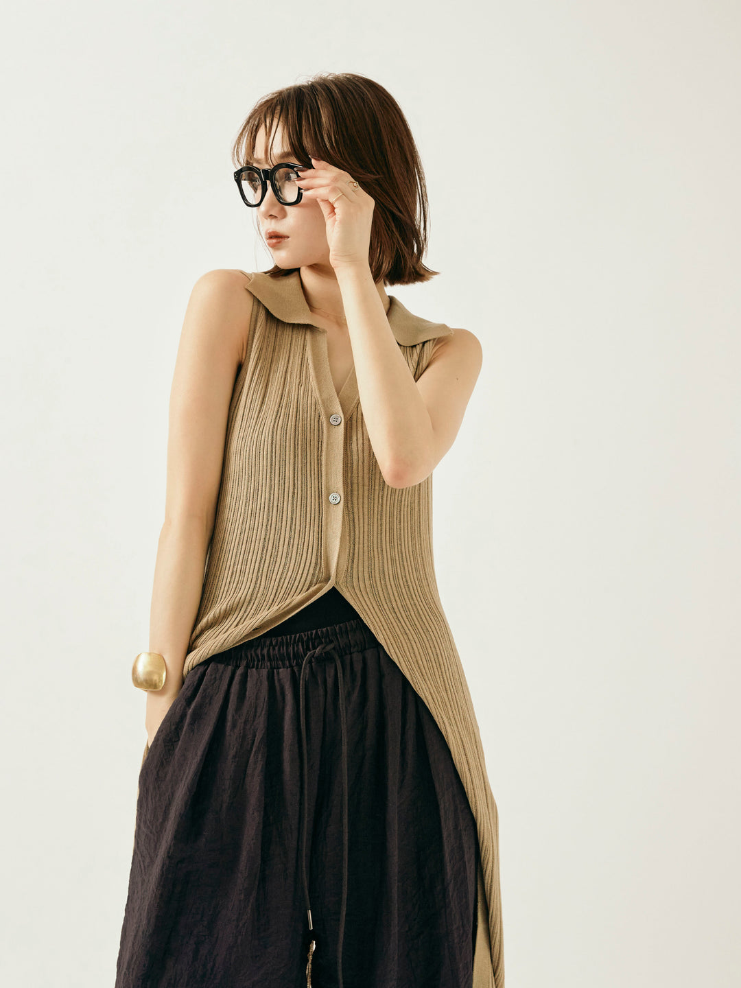 【Allure】[SET]襟付きランダムリブロングニットカーディガン+シャイニースラブシアーワイドパンツ(2set)