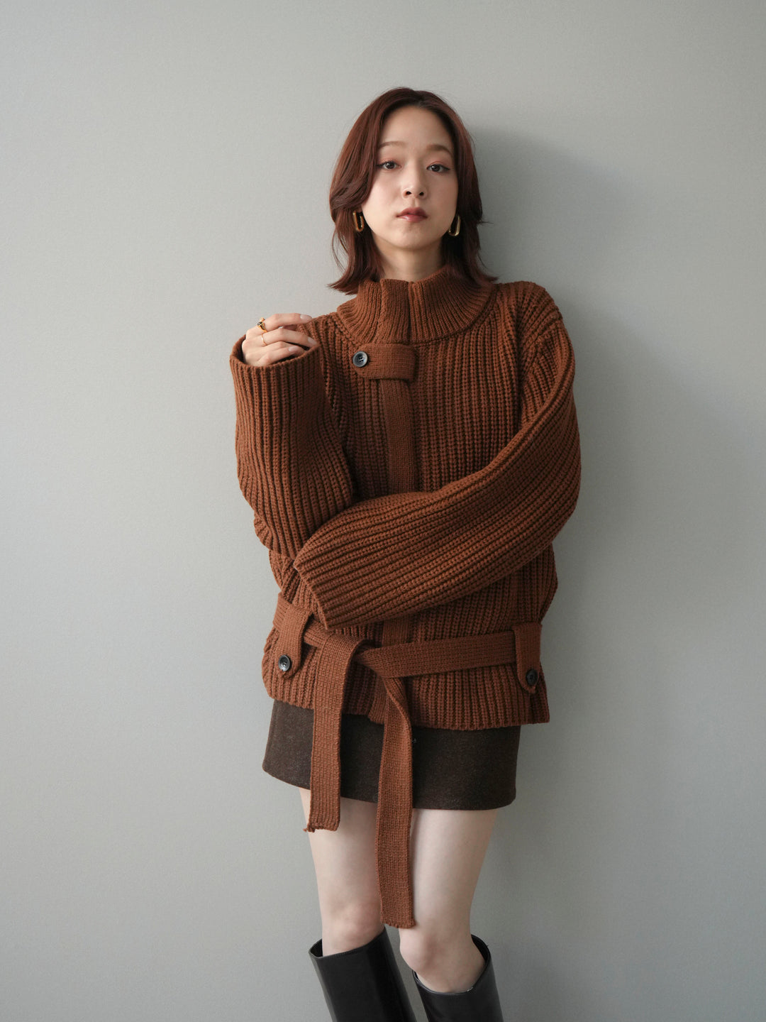 [予約]畦編みボトルネックZIPニットカーディガン/brown