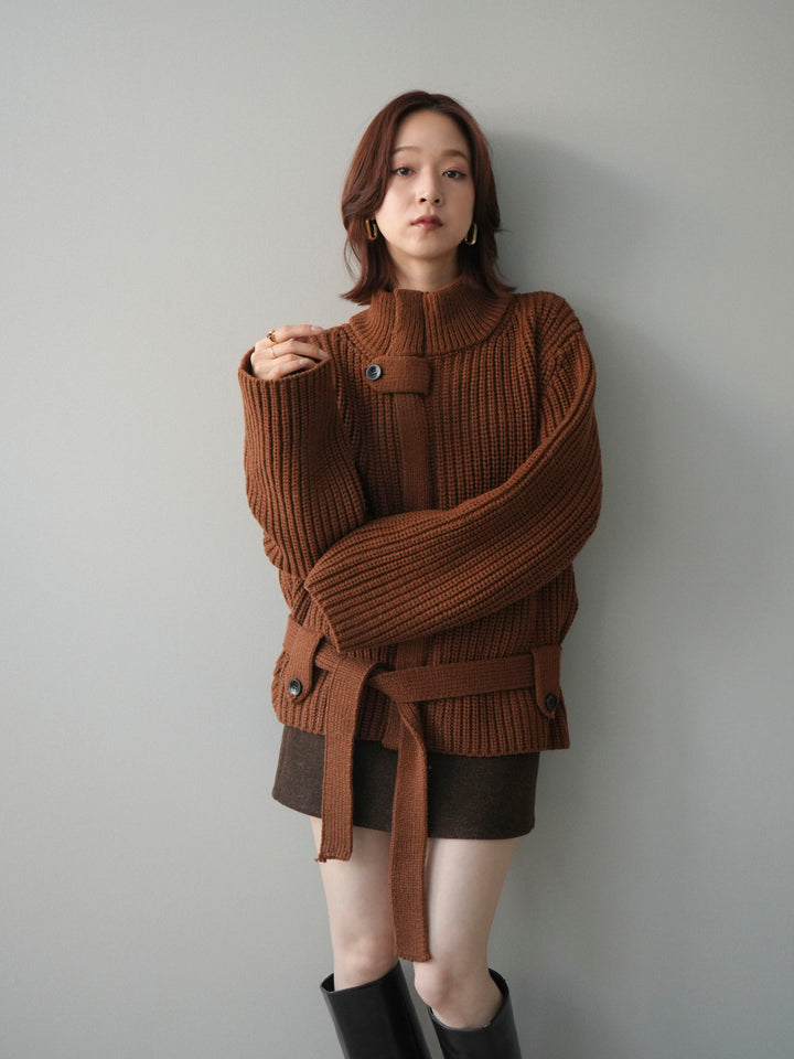 [予約]畦編みボトルネックZIPニットカーディガン/brown