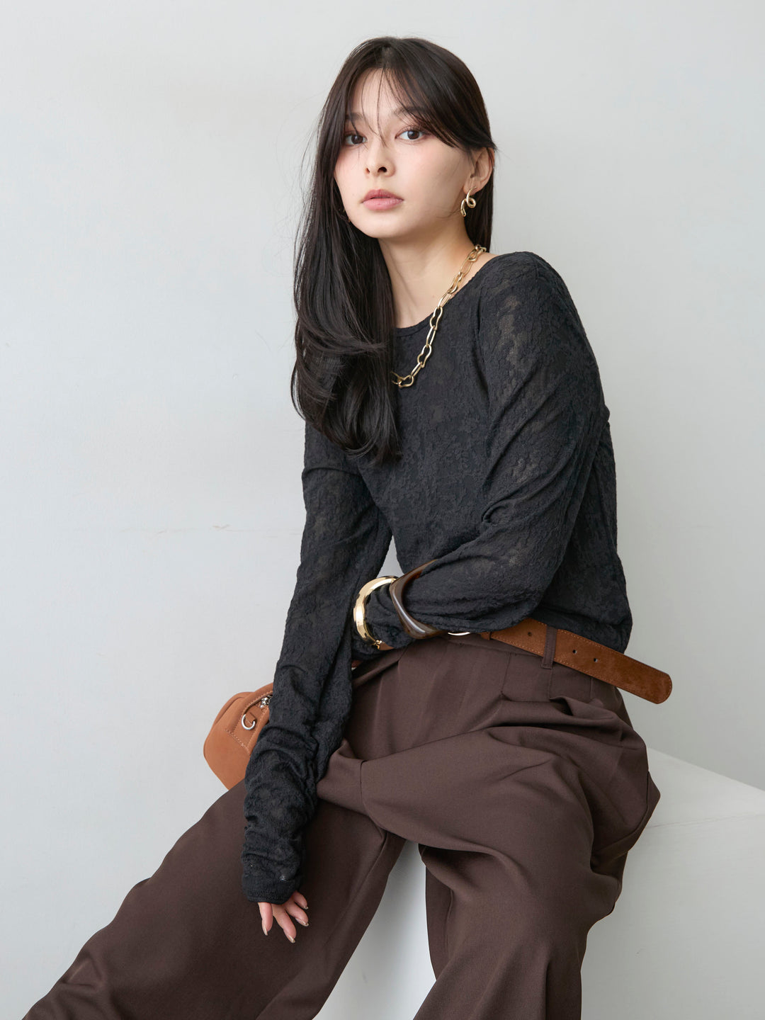 [SET]カットレースバックオープントップス+ツイルタックワイドパンツ(2set)