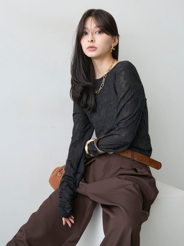 [SET]カットレースバックオープントップス+ツイルタックワイドパンツ(2set)