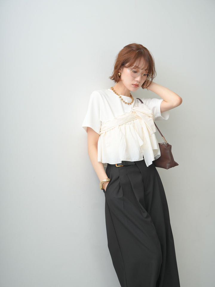 [SET]ナイロンドッキングツイストTEE +アシンメトリーベルトタックワイドパンツ(2set)