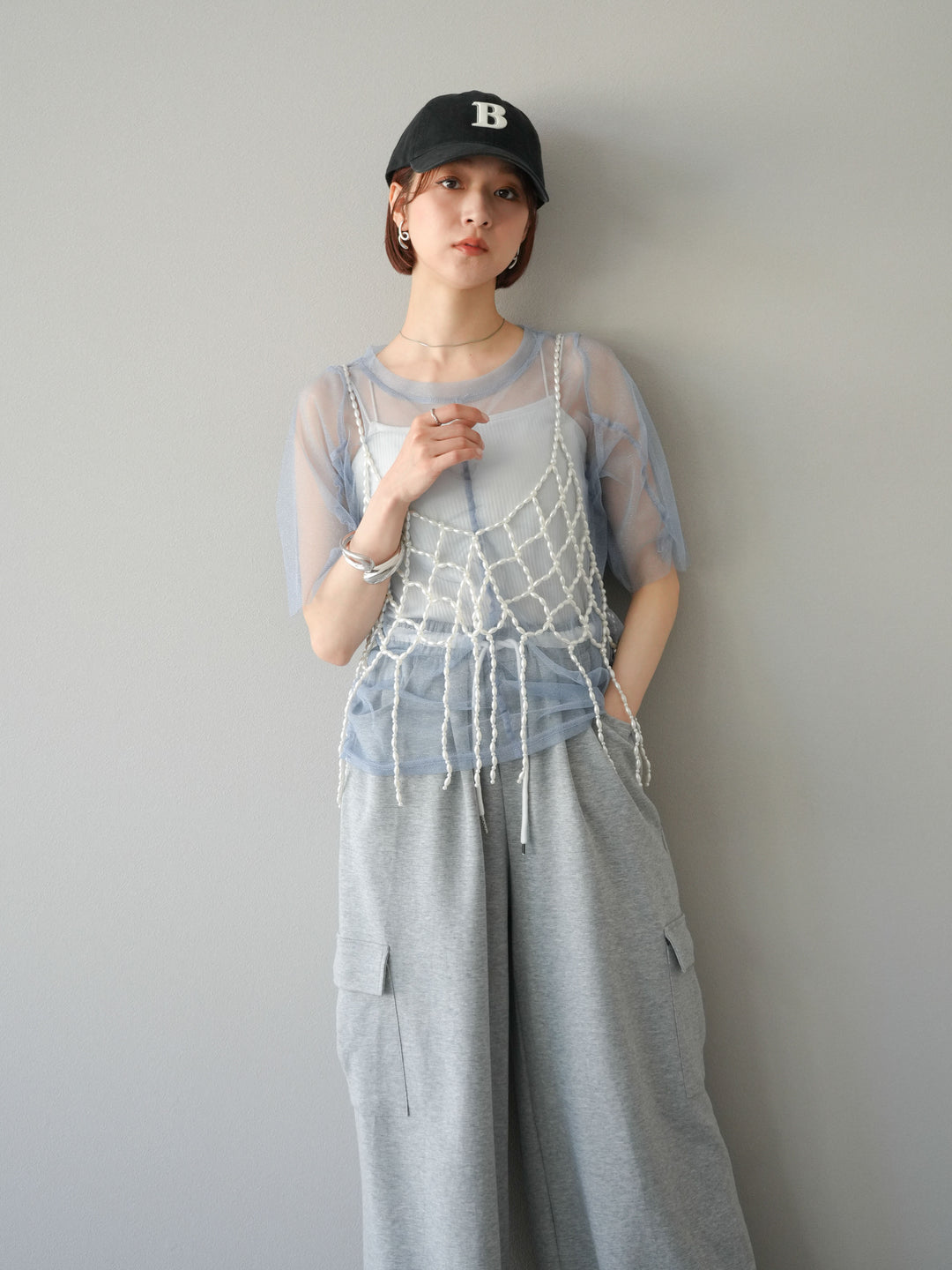 [SET]ラメチュールシャーリングプルオーバー+パールフリンジビスチェ+ウエストラインサイドポケットスウェットパンツ(3set)