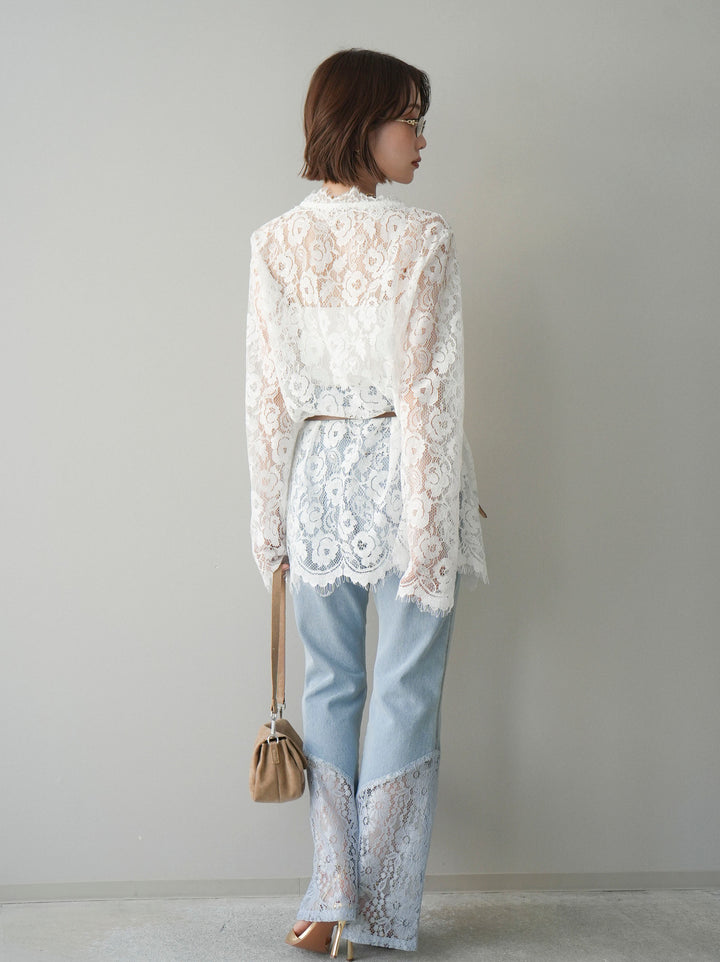 [予約]レース切替フレアデニムパンツ/bleach