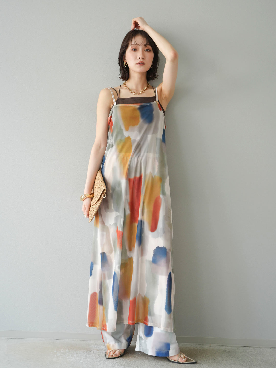 [SET]水彩アートシアーキャミワンピース+水彩アートイージーパンツ(2set)